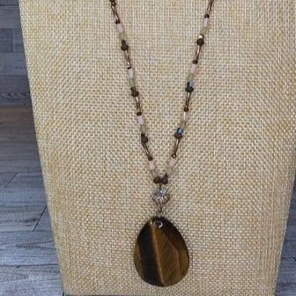 Copper Tone Chain & Bead Necklace with Natural Tiger's Eye Stone Pendant 30"L